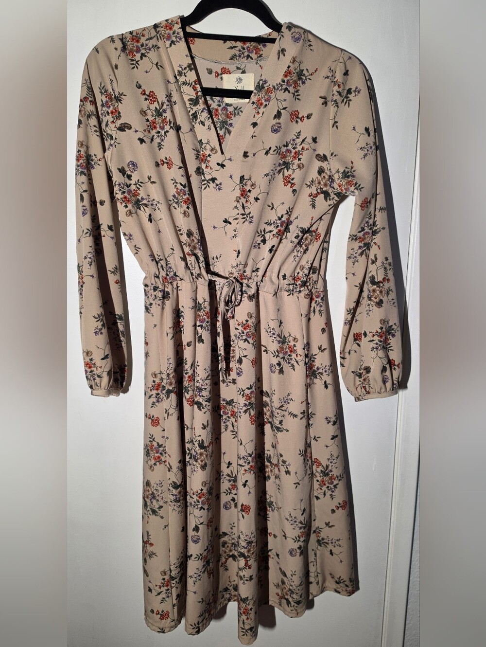 Beige Floral Long-Sleeve  Dress with Drawstring Waist